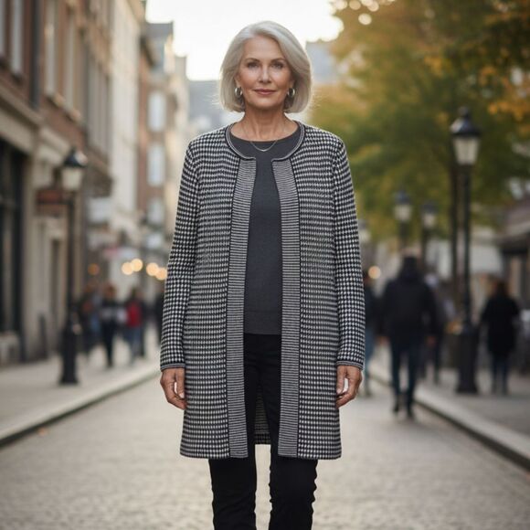 TALBOTS 100% merino wool cardigan duster open chunky knit black white Large long - Picture 1 of 12